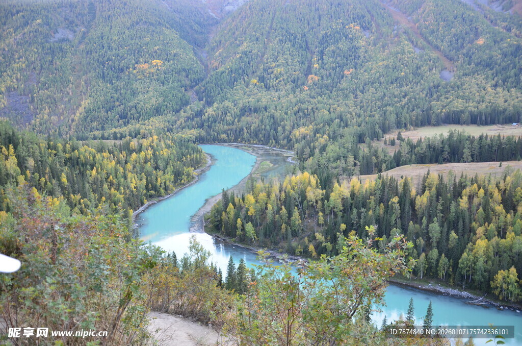 山间蓝河与多彩树林景观