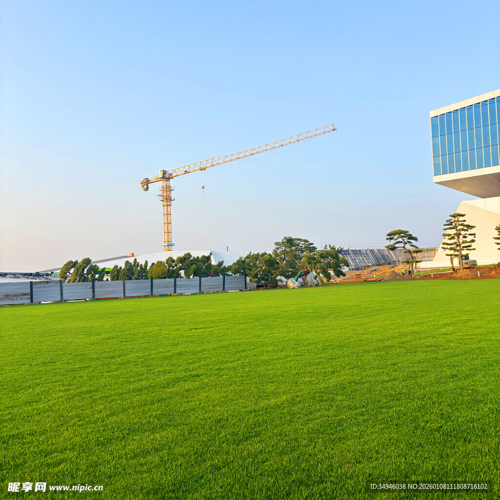 城市绿地旁的建筑施工场景