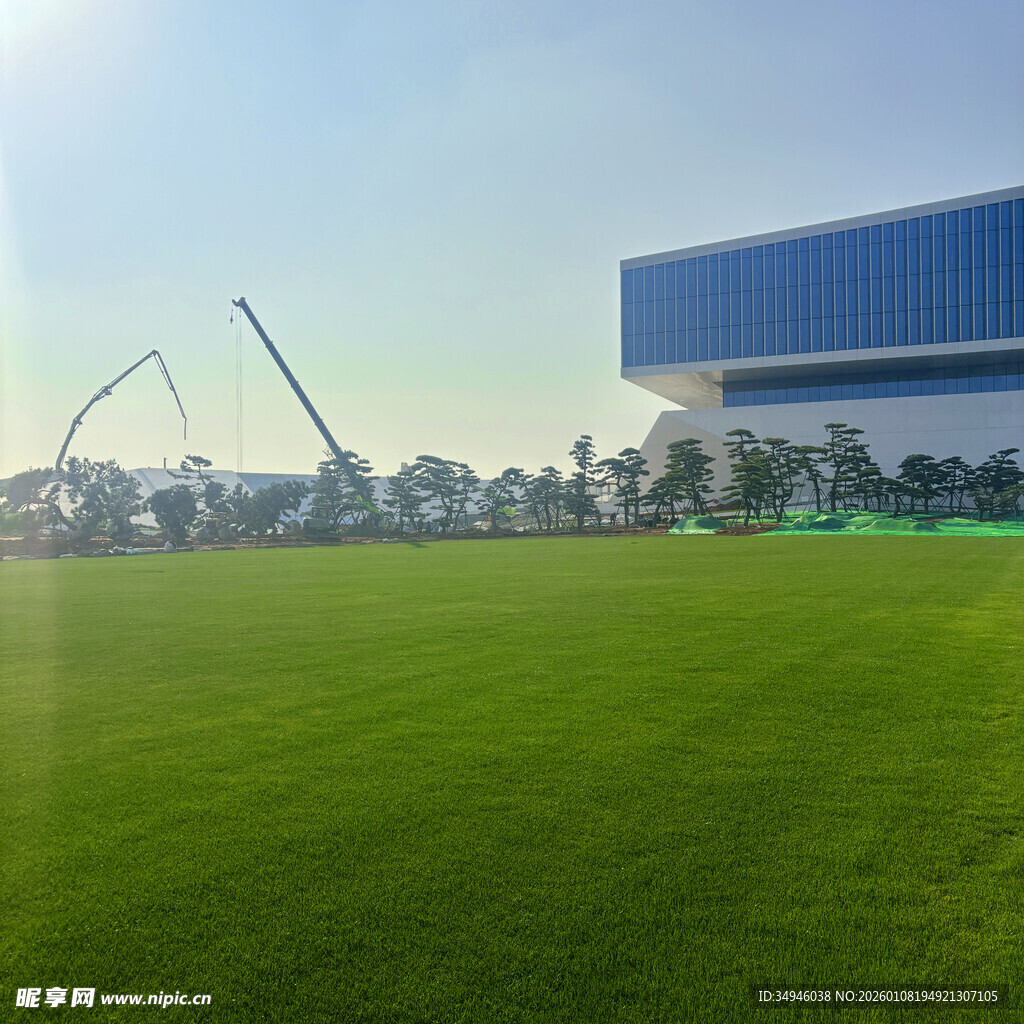 现代建筑旁的翠绿草坪