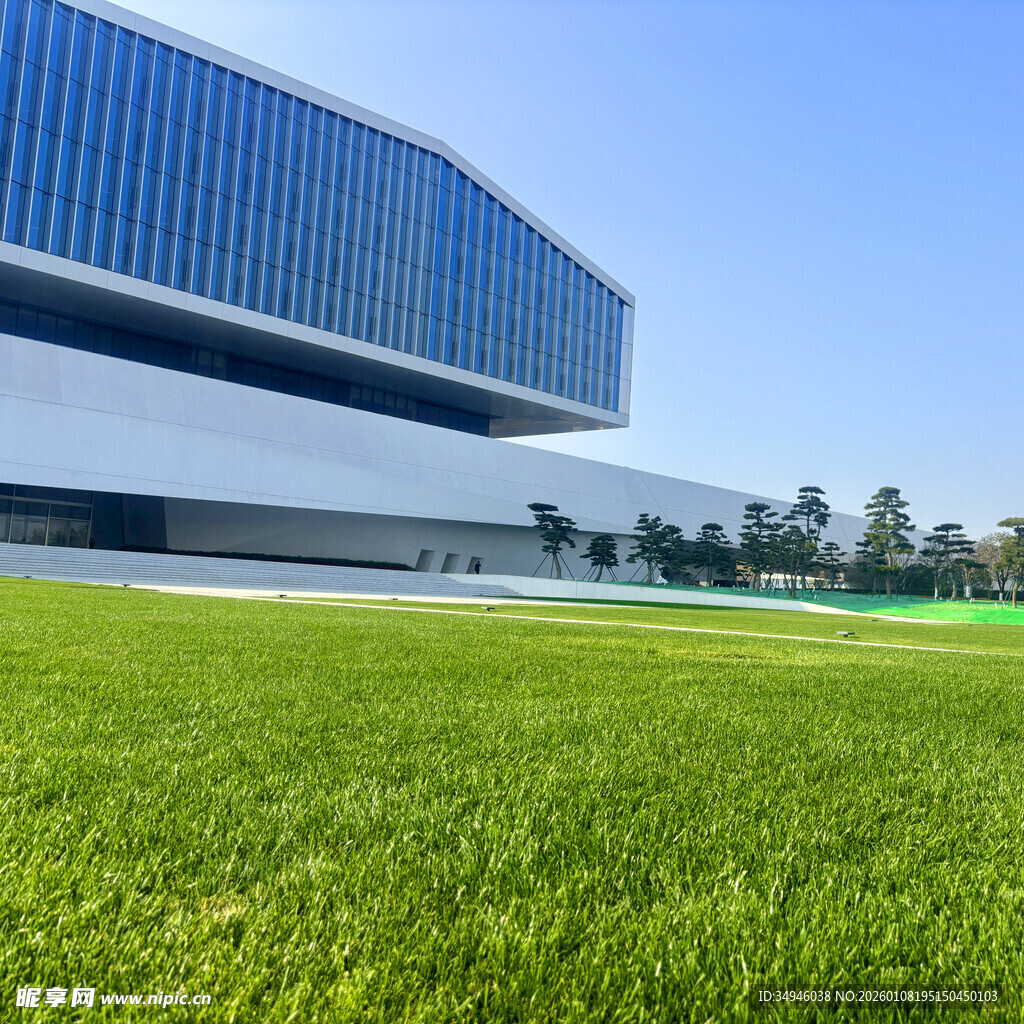 现代建筑前的翠绿草坪