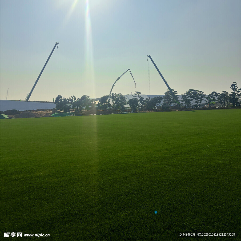 绿茵场地与远处建筑景观