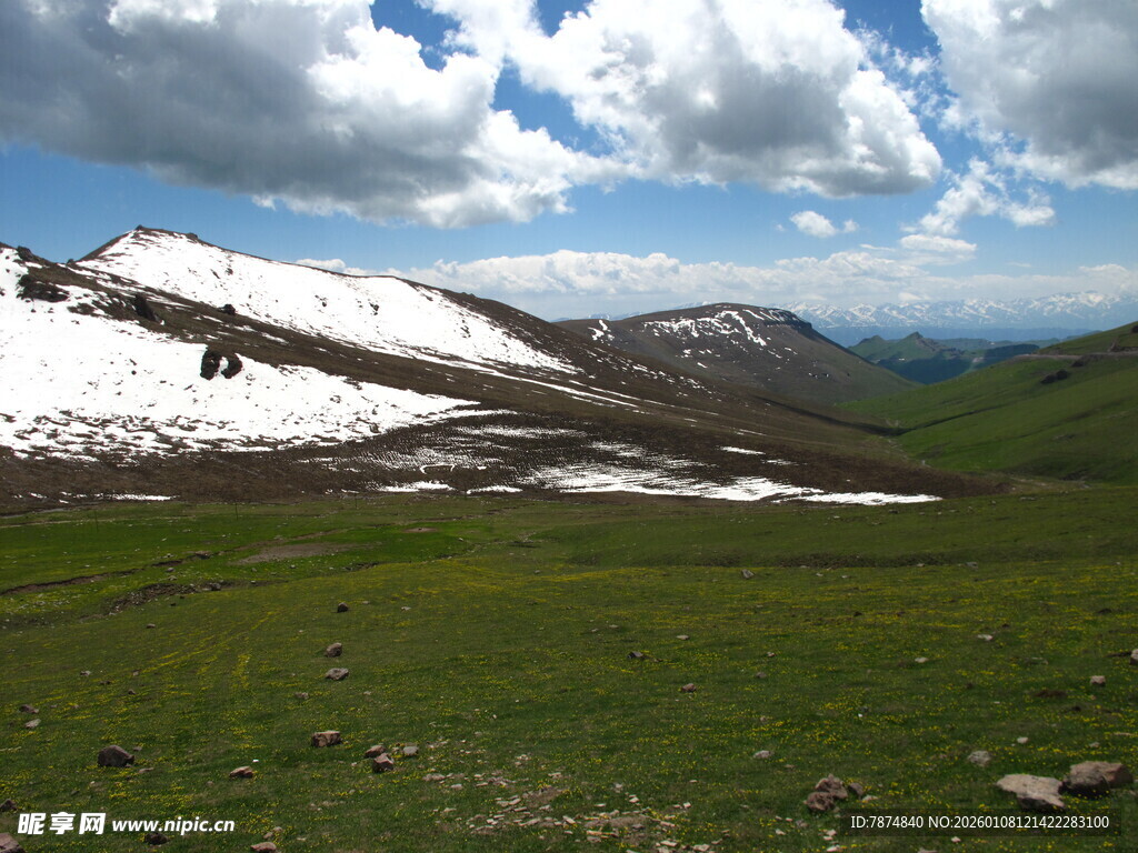 高山雪景与绿野风光