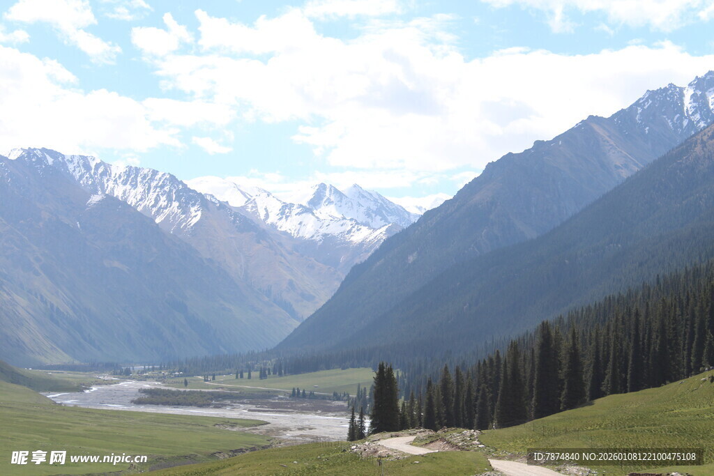 山间绿野 雪山下的宁静风光