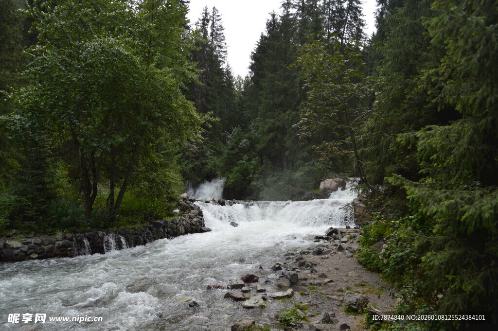 山间湍急溪流 绿意环绕