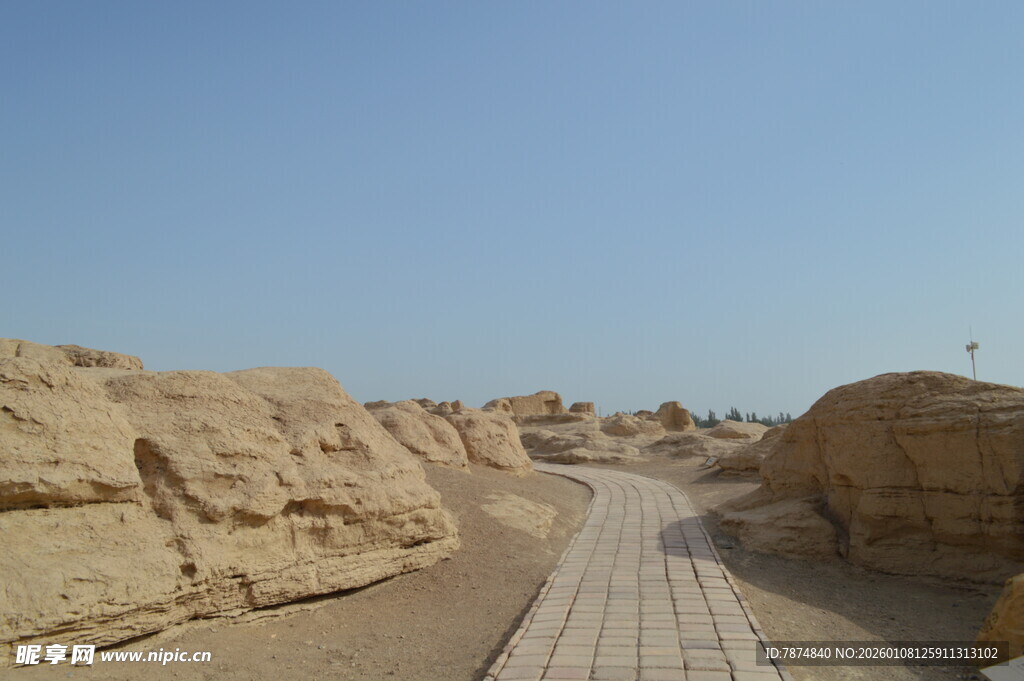 沙漠栈道旁的独特土丘景观