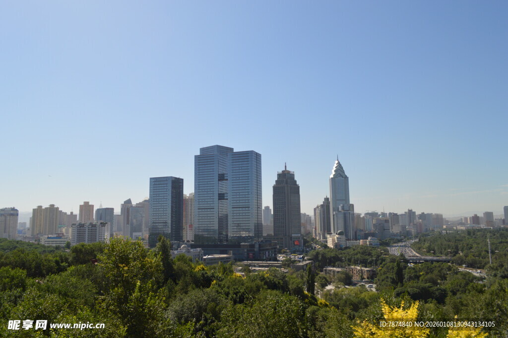 城市天际线与葱郁绿植