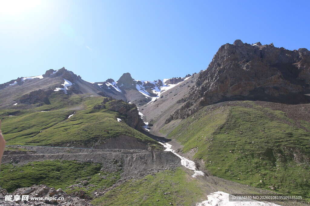 山间溪流穿草地雪山景