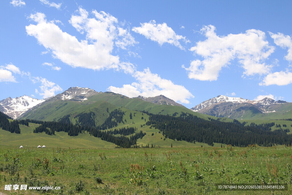 蓝天白云下的翠绿山峦