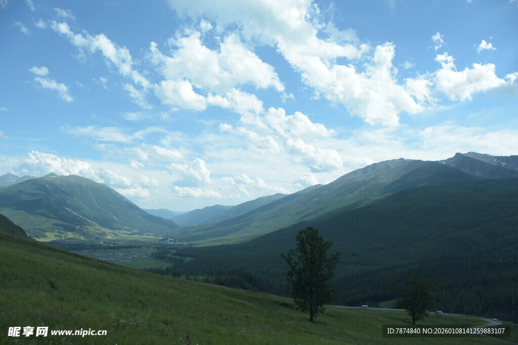 山间美景 蓝天白云下的绿野