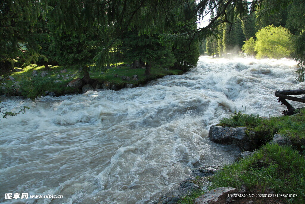 山间湍急溪流 绿意环绕
