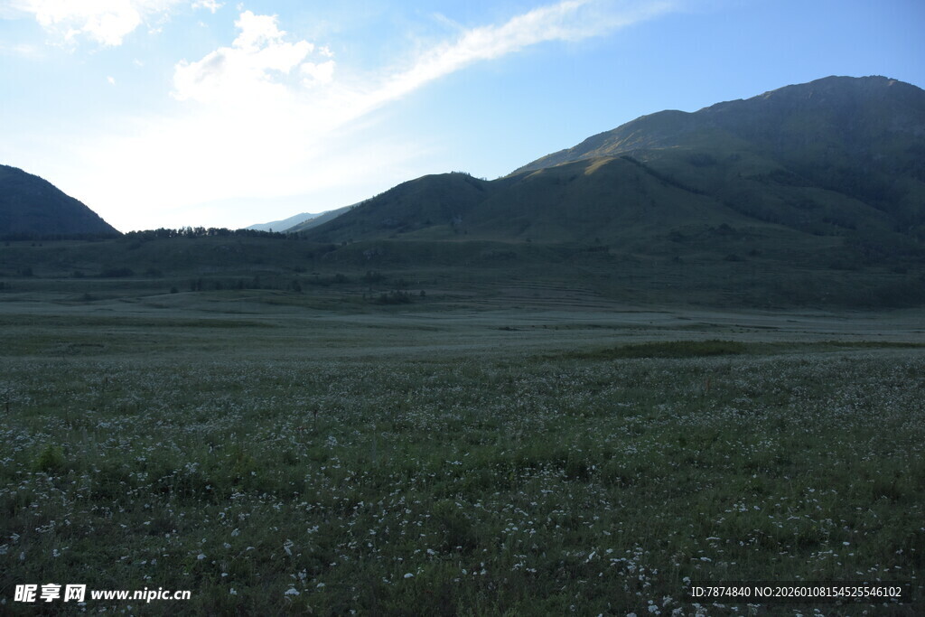 广袤草原与远处山峦景色