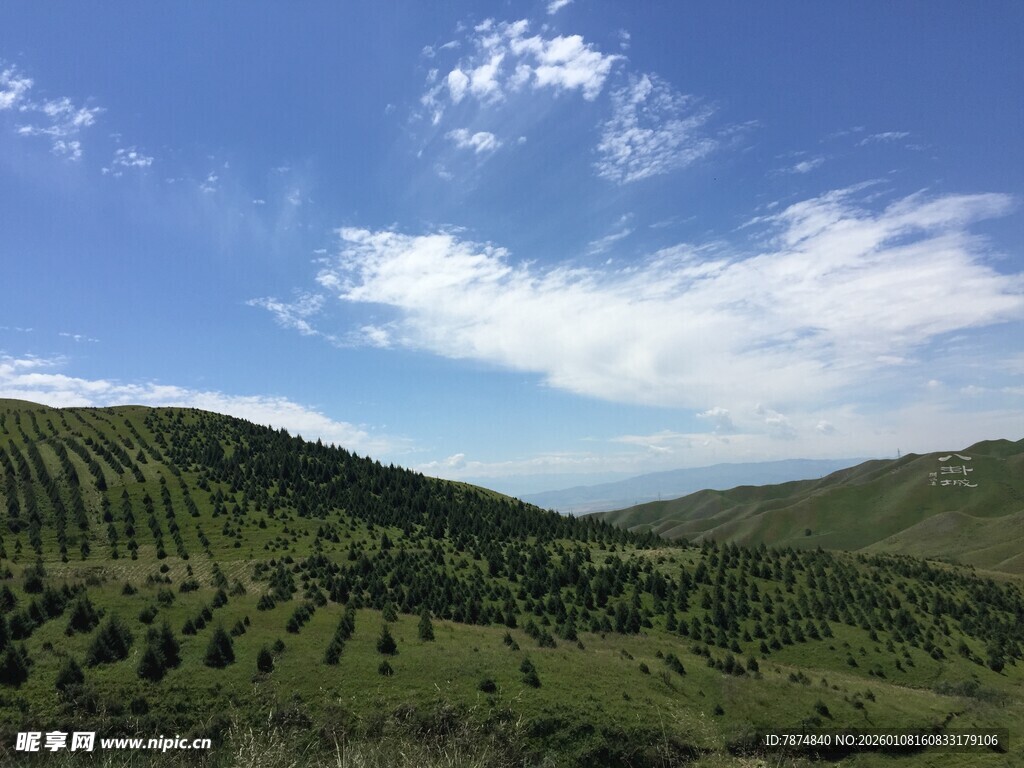 青山蓝天间的葱郁山林