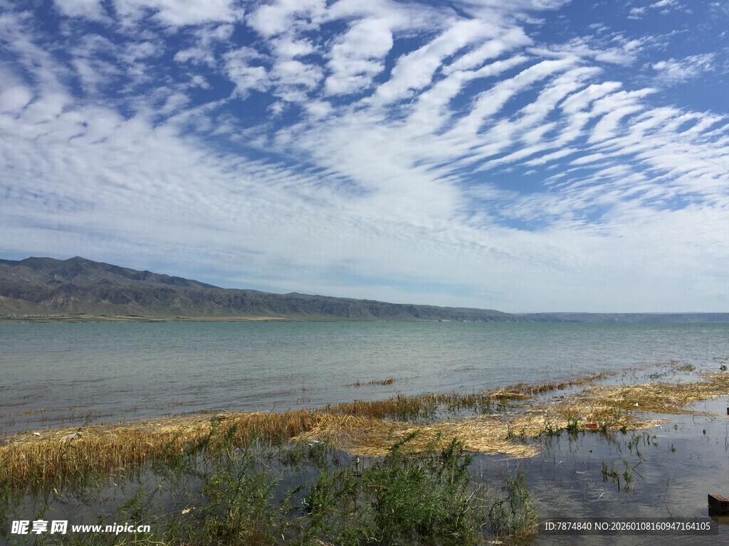 湖畔风光 白云蓝天映绿水