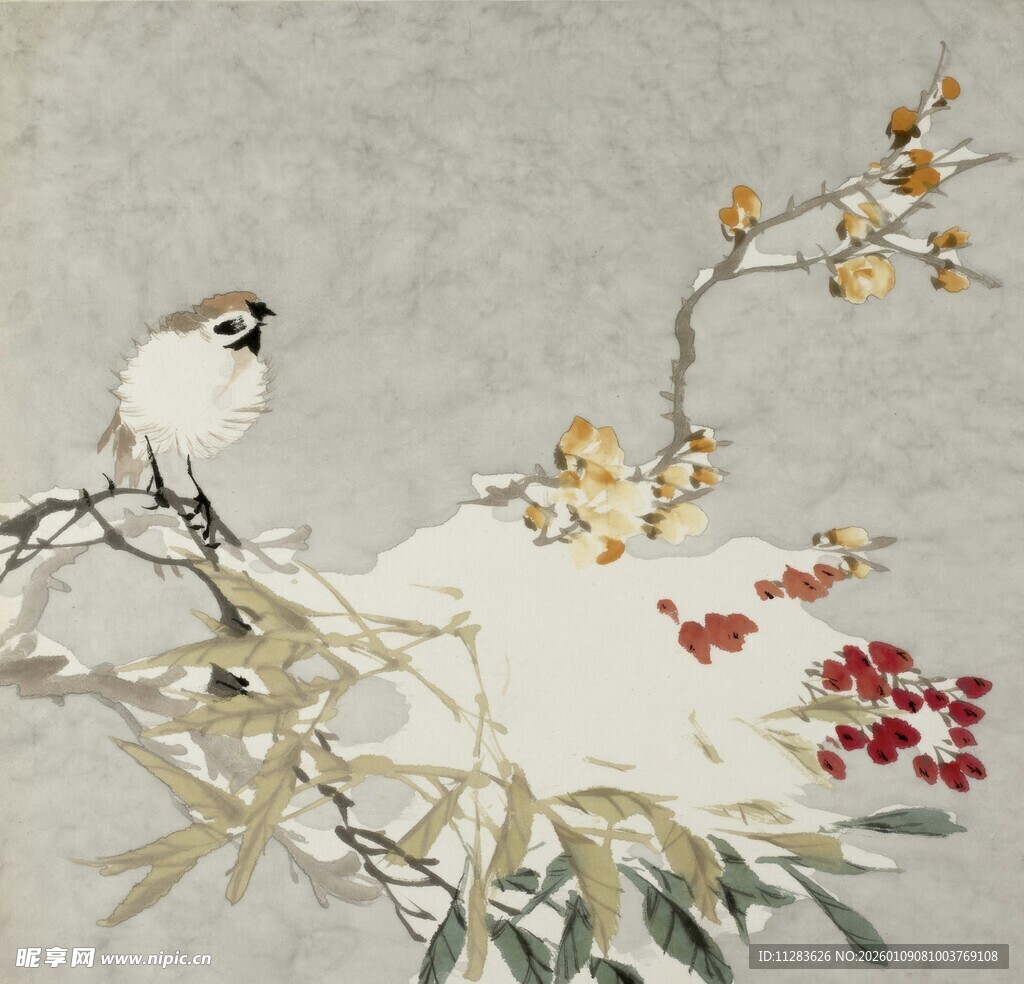 枝头小鸟与花卉景致