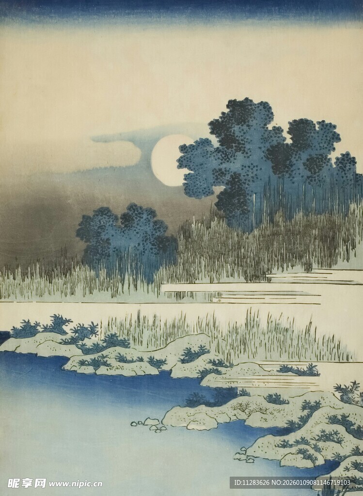 月夜雪景中的静谧河岸