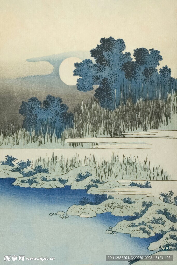 月夜湖畔雪景图