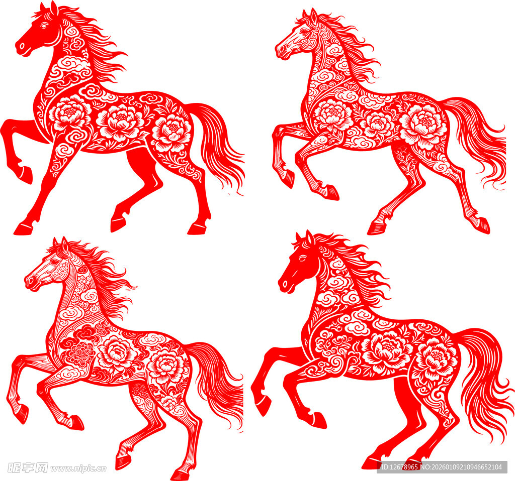 四匹红色剪纸风格奔腾骏马