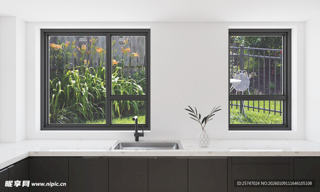 简约厨房窗户窗外绿植景观