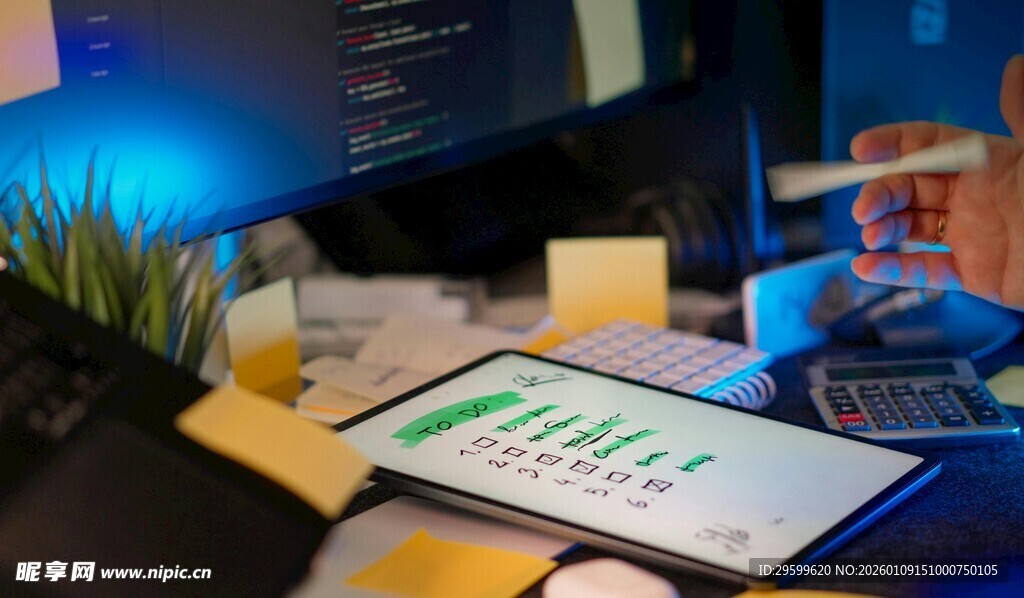 桌上的电子设备与办公用品