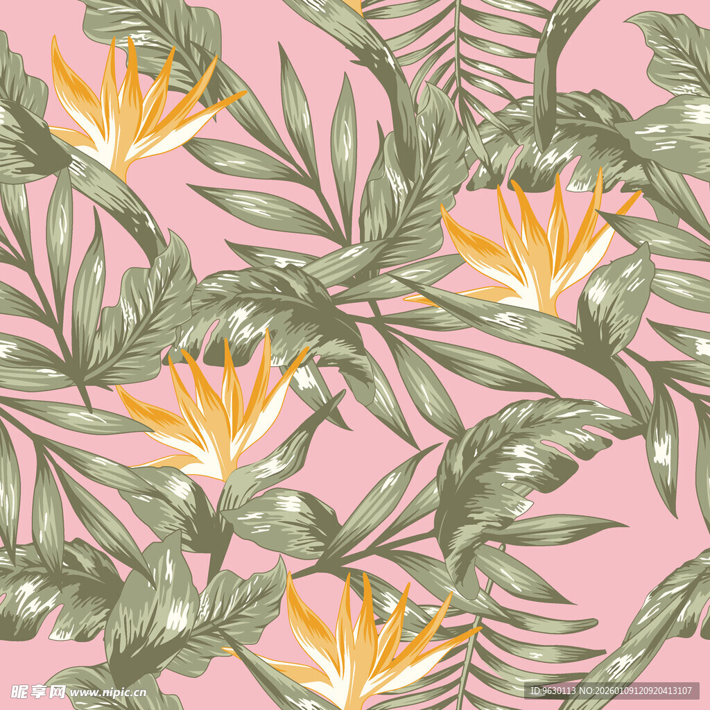 粉色背景热带植物花卉图案