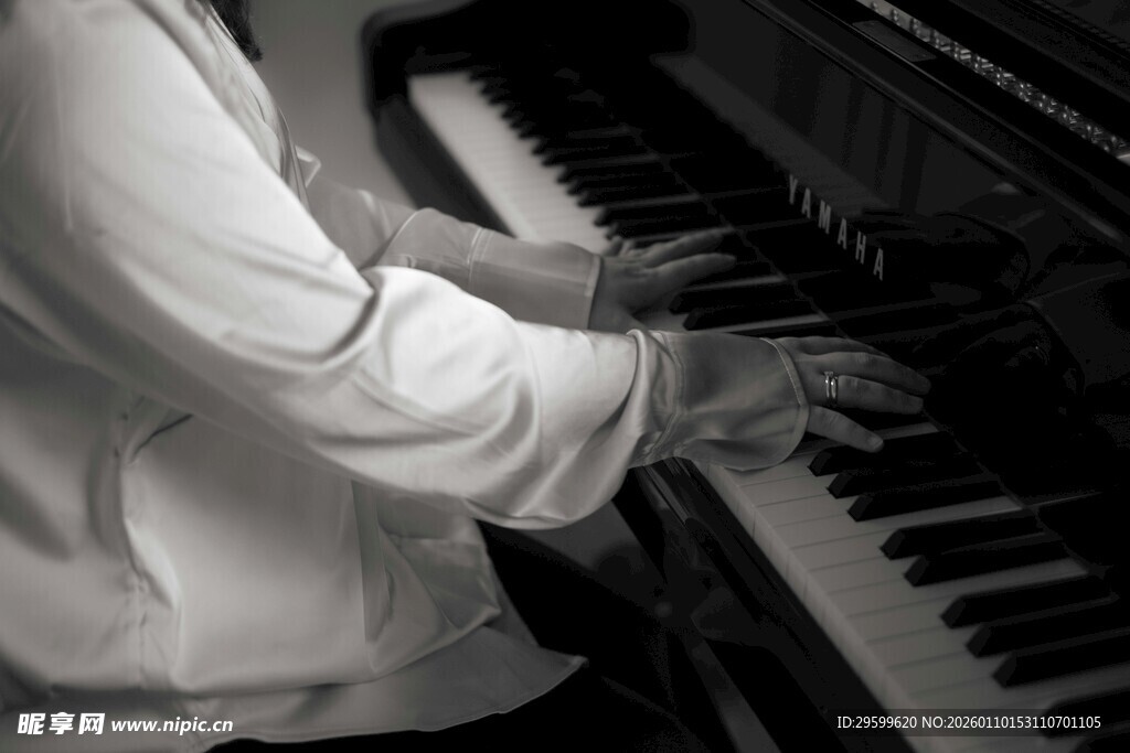 弹奏钢琴的手部特写