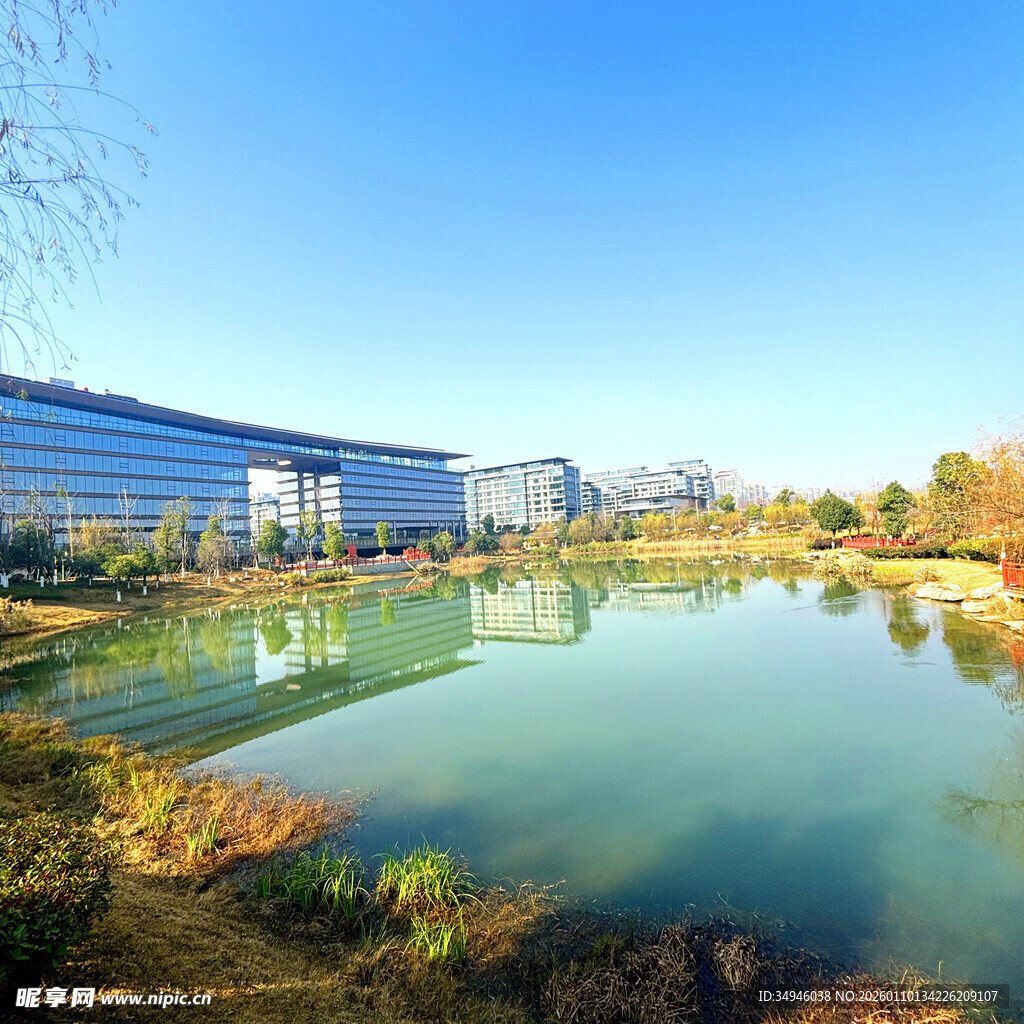 湖畔现代建筑风光