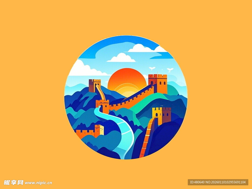 圆形插画中的壮丽长城景观