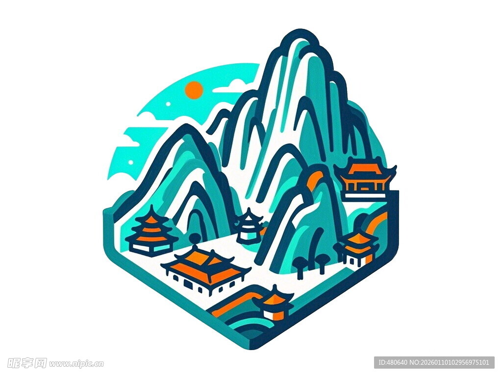 山间古建风景插画