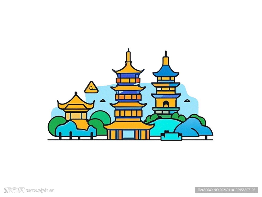 中式古塔景观插画