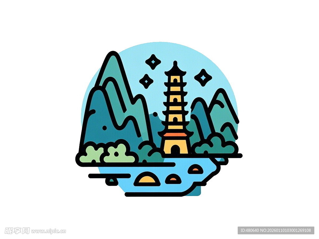 山水间的古塔风景