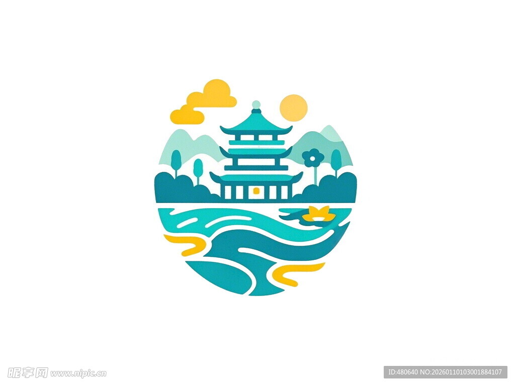 中式山水楼阁图标设计