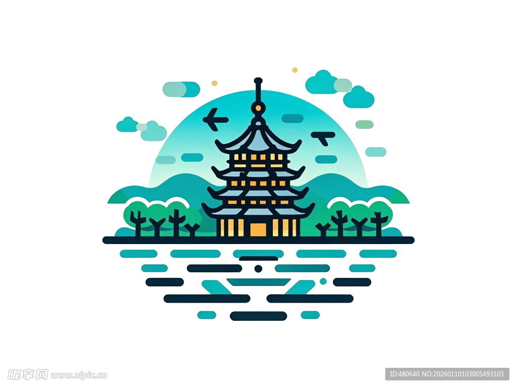 中式古塔湖畔风景插画