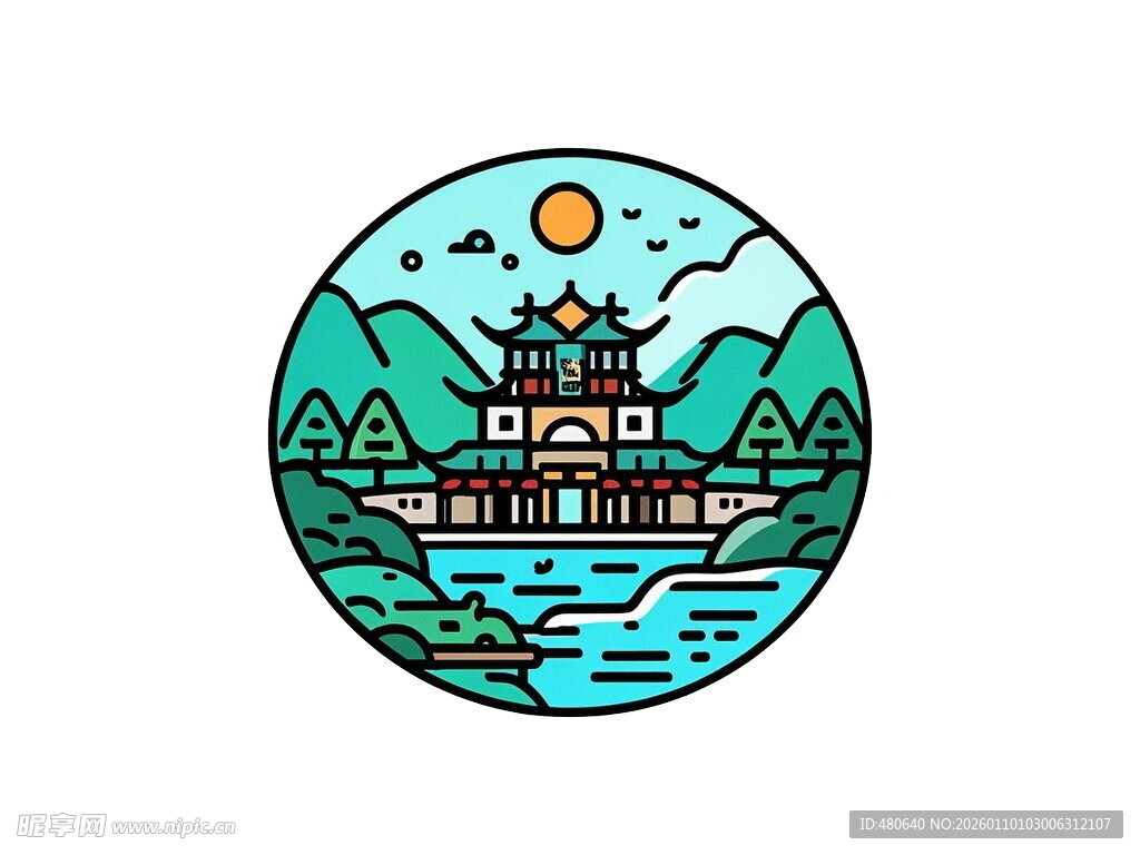 圆形山水楼阁风景插画