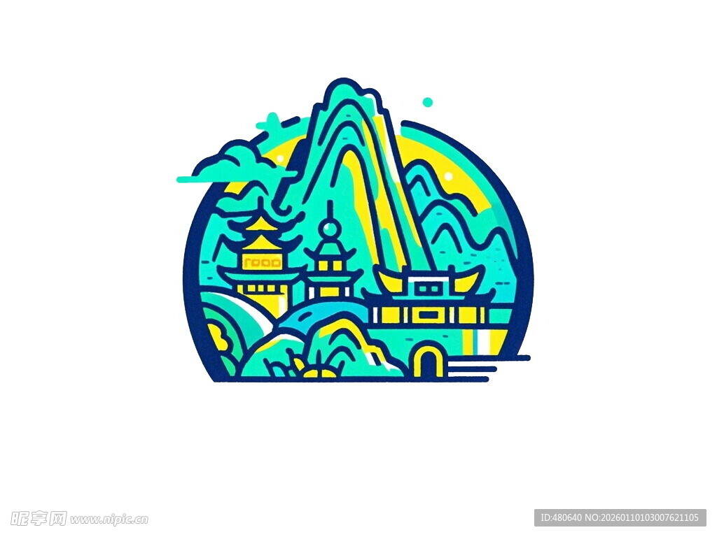 山水城堡插画图案