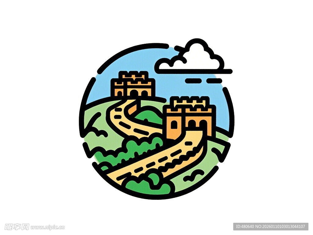 圆形插画中的壮丽长城