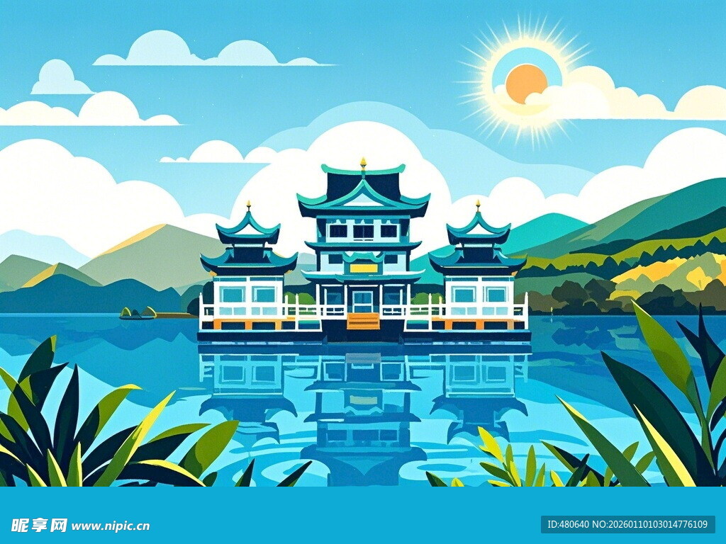 湖畔中式楼阁风景图