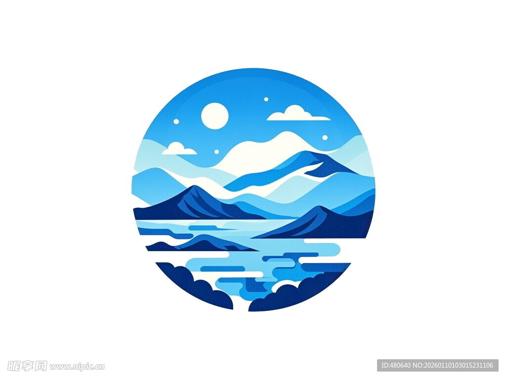 蓝色山水月夜圆形插画