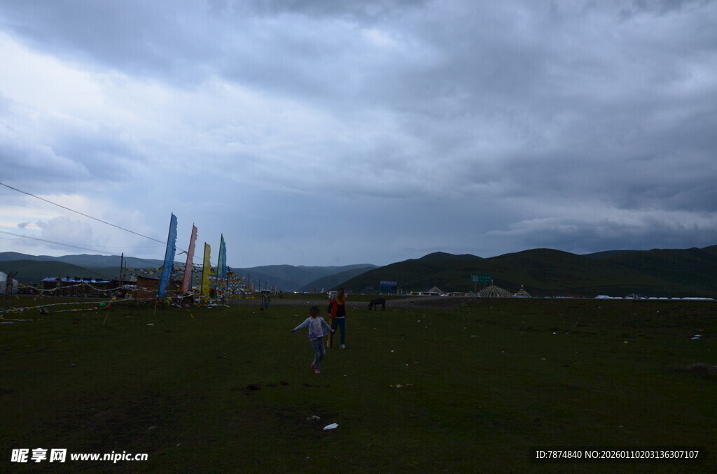 阴天草地旁的高耸建筑