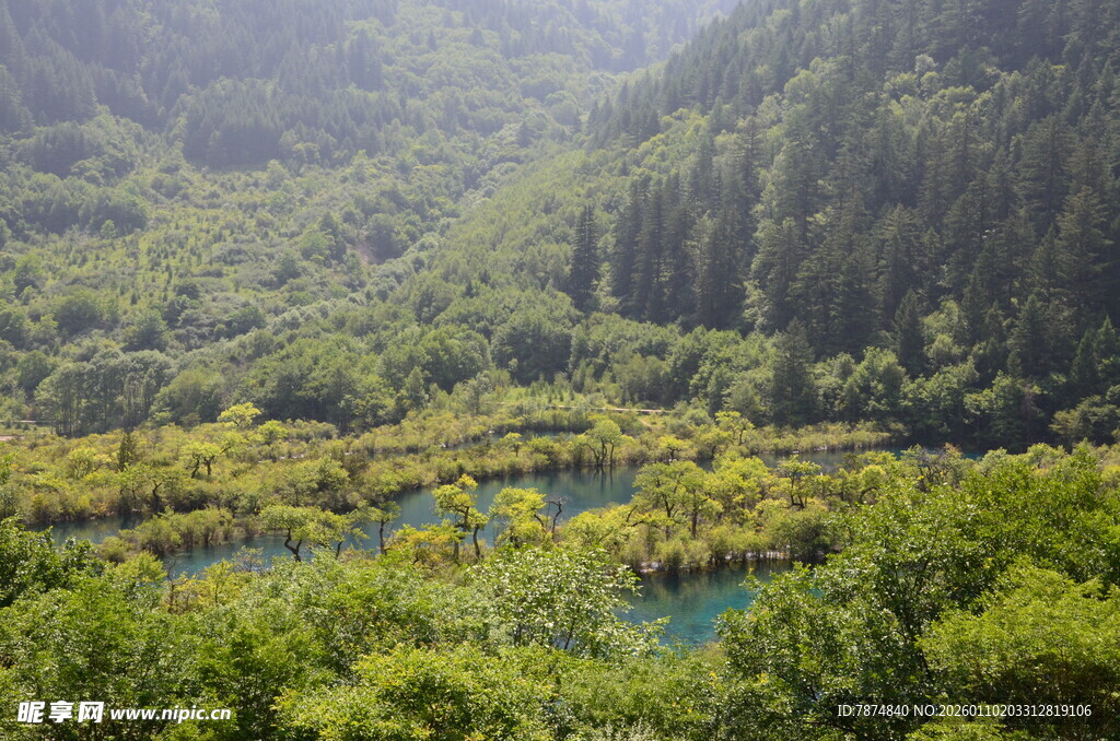 山林间的翠绿湖泊景观