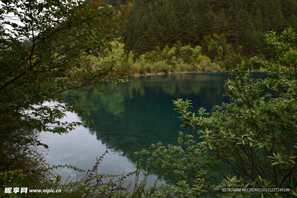 幽美山林间的静谧湖水