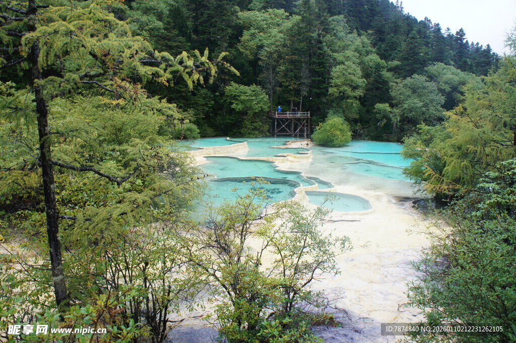 九寨沟蓝绿色溪流美景