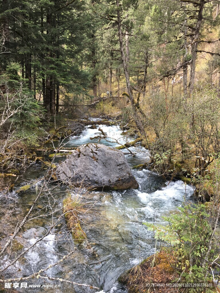 山间溪流潺潺的自然美景