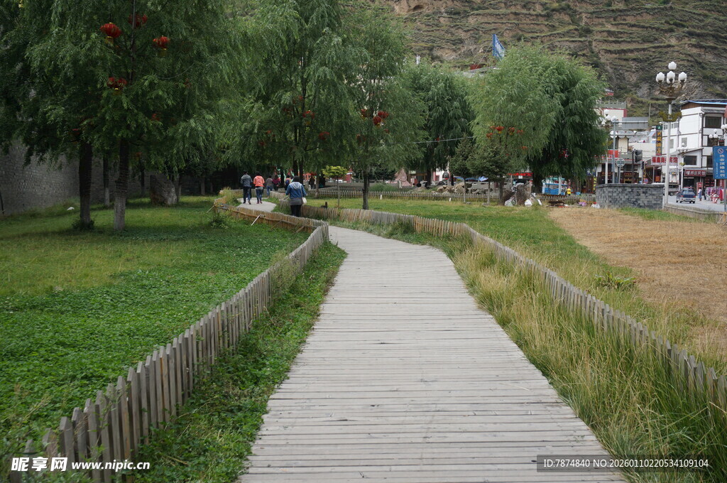 公园中的幽静木质小径