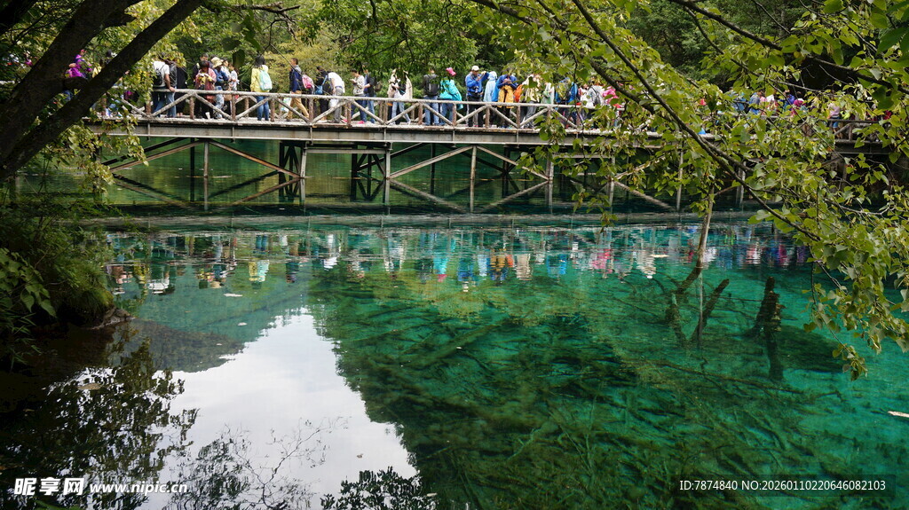 清澈湖面上的观光桥美景