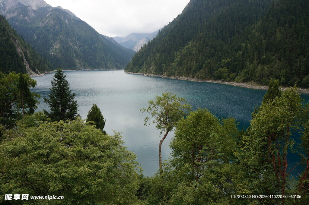 山间幽蓝湖水与葱郁林木