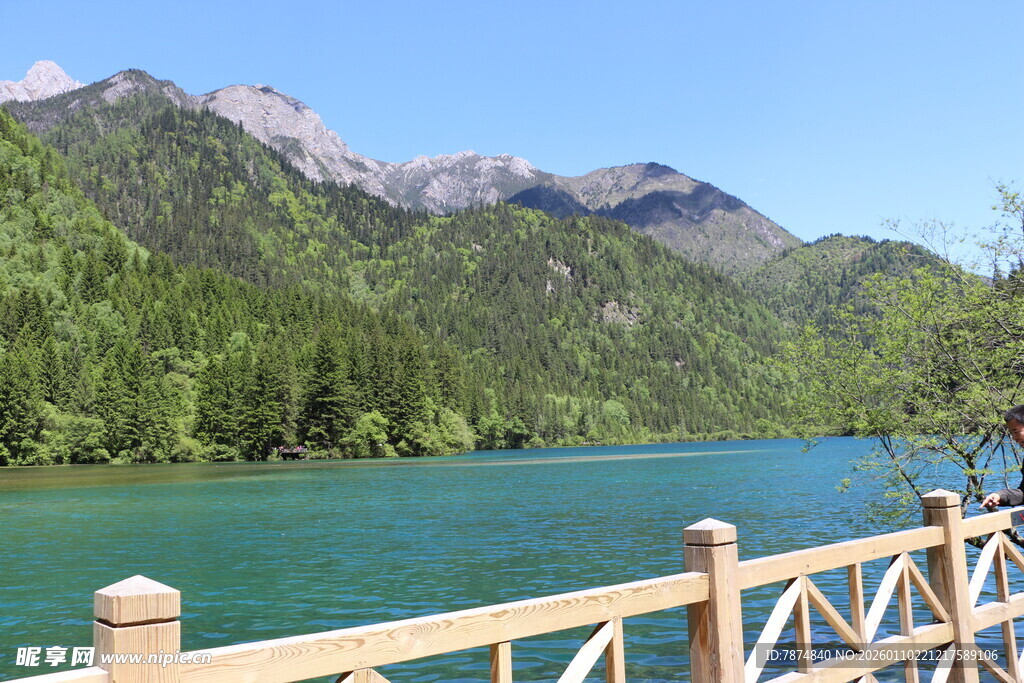 湖畔木栏边的秀丽山水景