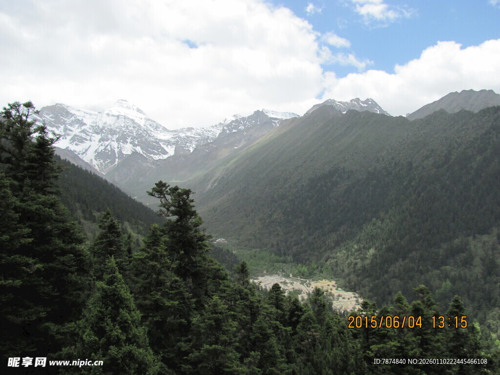 雪山下的葱郁山林风光