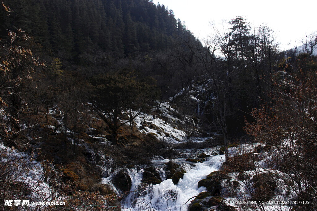 山间冰雪覆盖的潺潺溪流