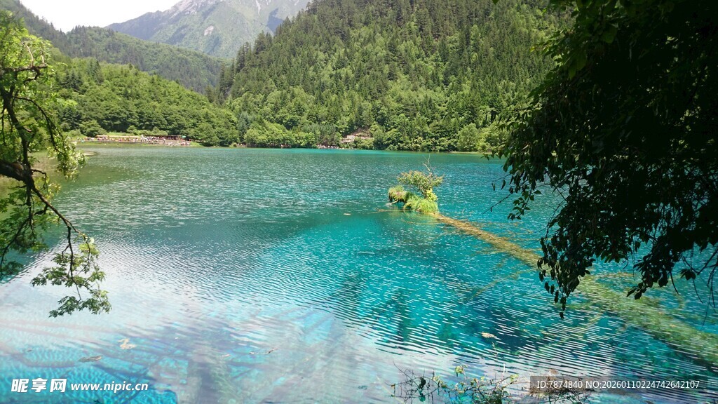 梦幻蓝湖中的竹筏美景