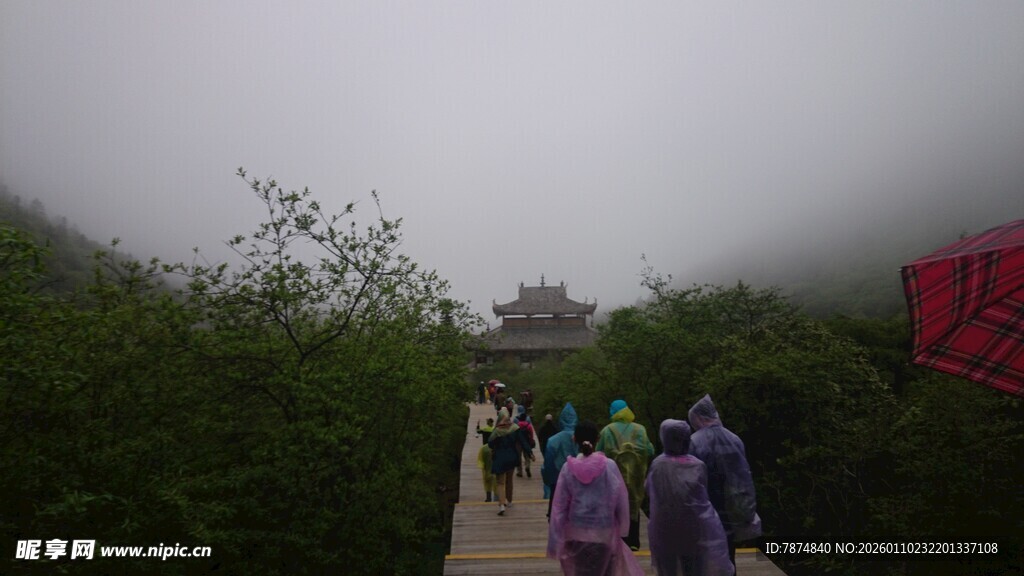 雾中漫步的游客